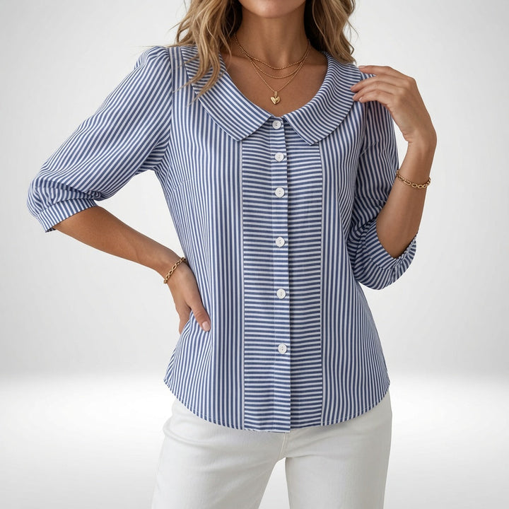 Zelie™ — Elegant Striped Puff Sleeve Blouse