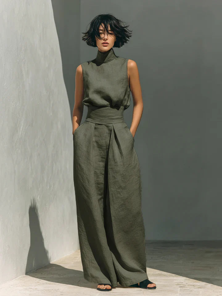 Flor™ | Minimalist Sleeveless Blouse and Wide-Leg Pants Set in Cotton and Linen for Women