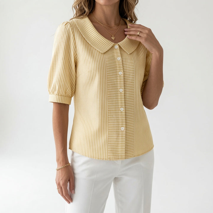 Zelie™ — Elegant Striped Puff Sleeve Blouse