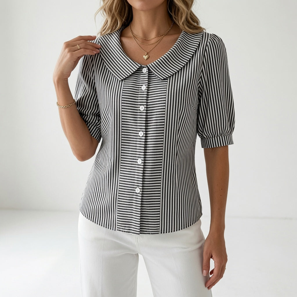 Zelie™ — Elegant Striped Puff Sleeve Blouse