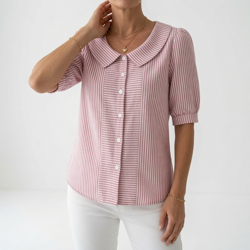 Zelie™ — Elegant Striped Puff Sleeve Blouse