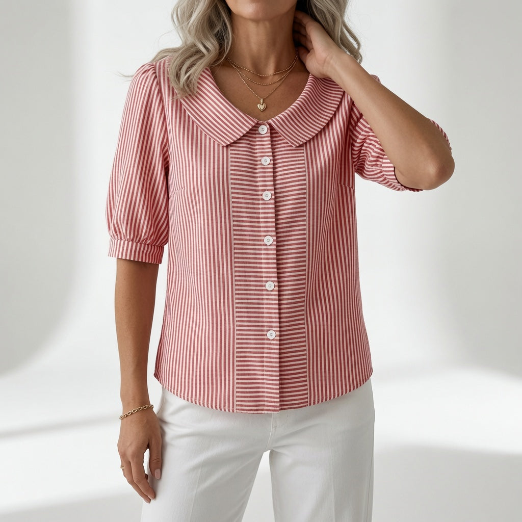 Zelie™ — Elegant Striped Puff Sleeve Blouse