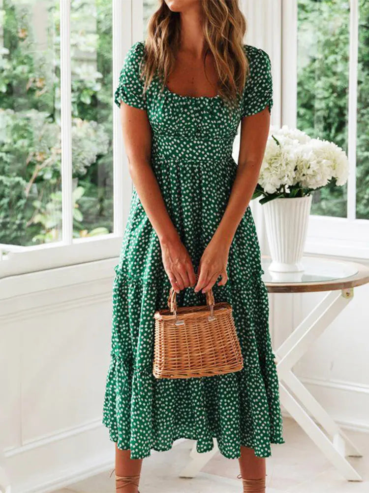 Liora™ | Vintage Floral Square Neck Midi Dress