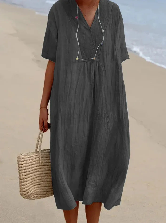 Sandra | Casual linen-textured dress with a V-neck