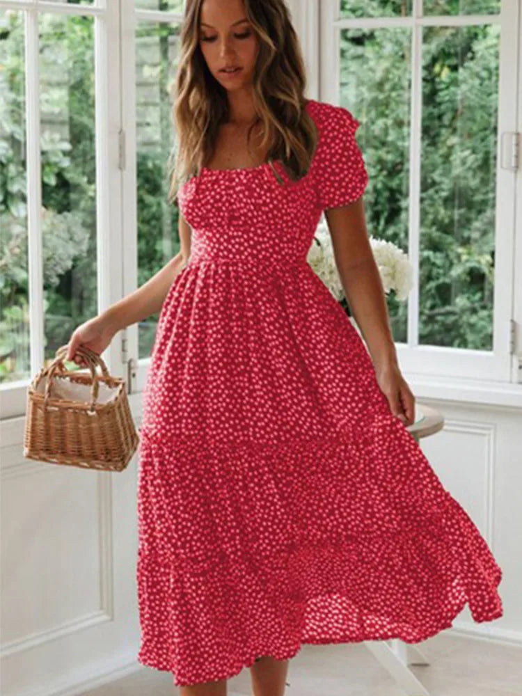 Liora™ | Vintage Floral Square Neck Midi Dress