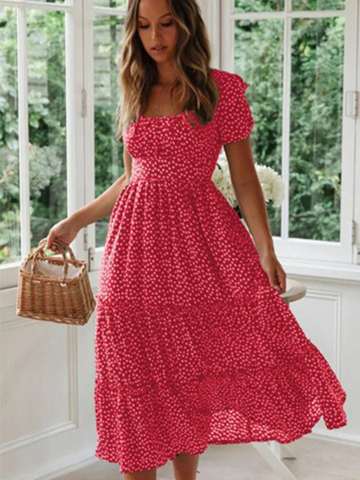 Liora™ | Vintage Floral Square Neck Midi Dress