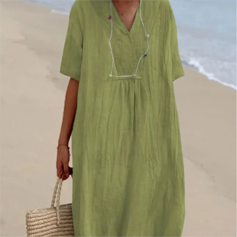 Sandra | Casual linen-textured dress with a V-neck