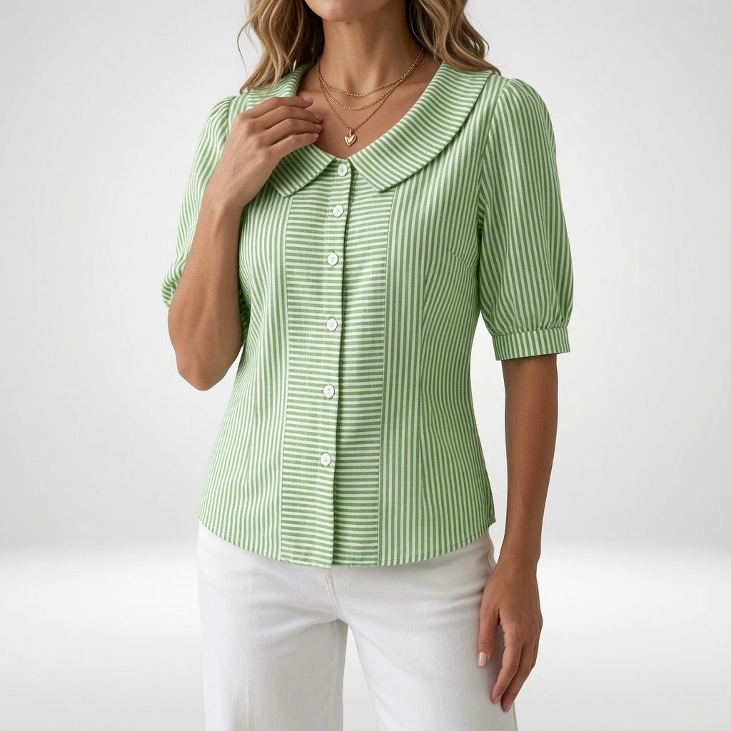 Zelie™ — Elegant Striped Puff Sleeve Blouse