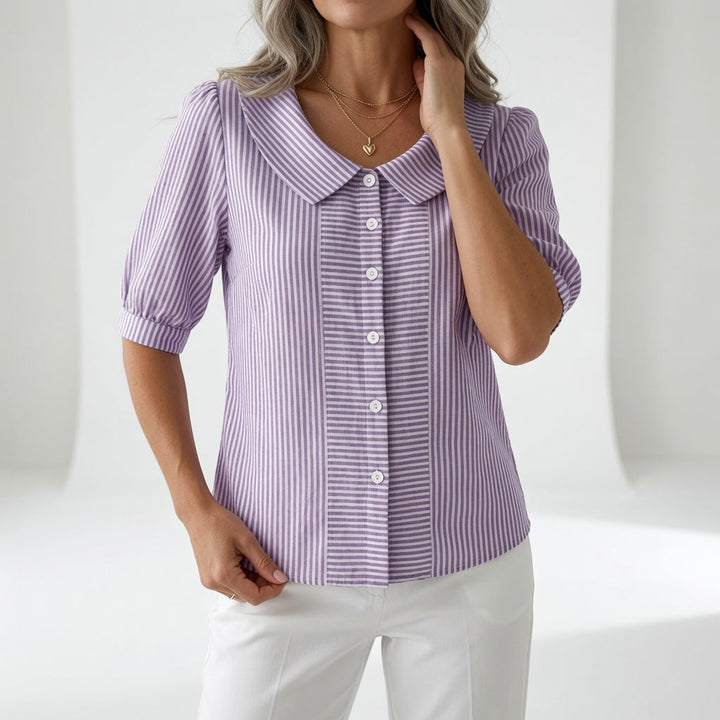 Zelie™ — Elegant Striped Puff Sleeve Blouse